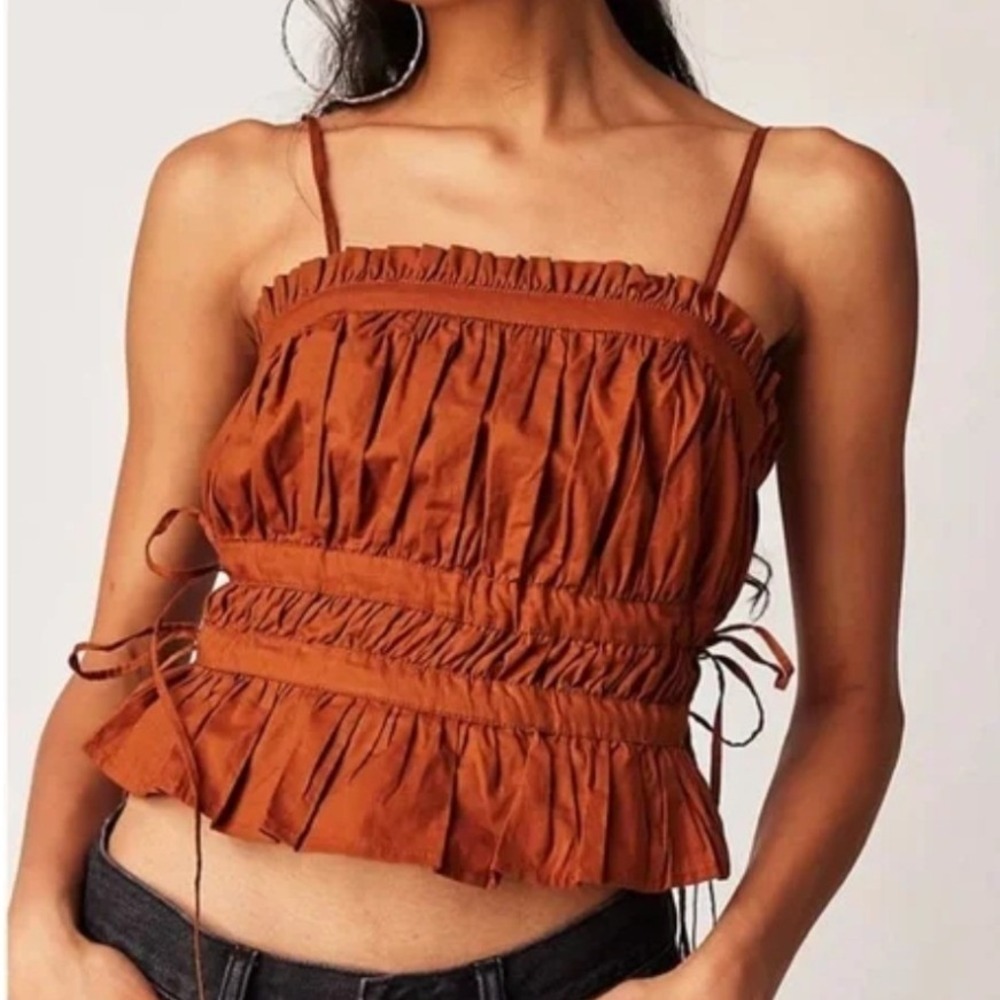 Free People Rust Brown Pleated Smocked Cropped Cami Top Cotton Womens Medium